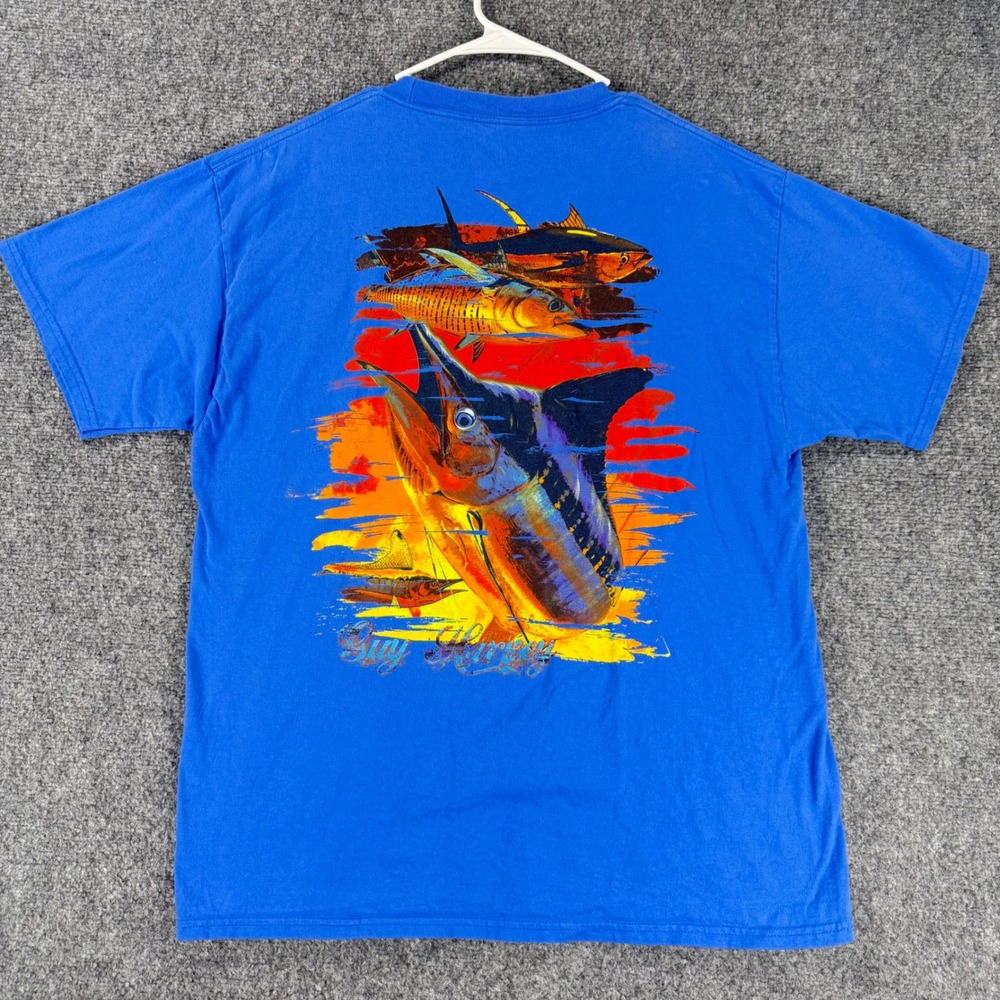 Guy Harvey Marlin Fishing T Shirt Mens Large Blue Cotton Short Sleeve Pocket Tee